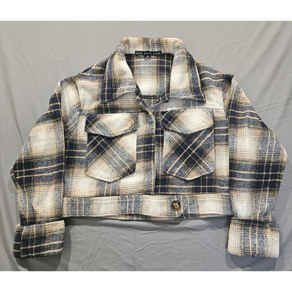 Hyfve Plaid Shacket Women Medium Navy Tan Excellent Cropped Button Front Jacket